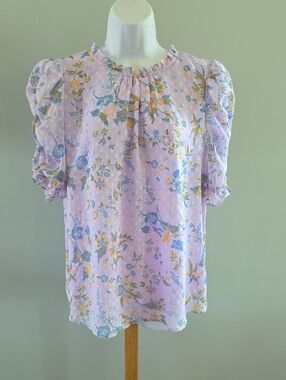 Rachel Zoe Lavender Floral Puff-Sleeve Blouse with Blue & Yellow Accents